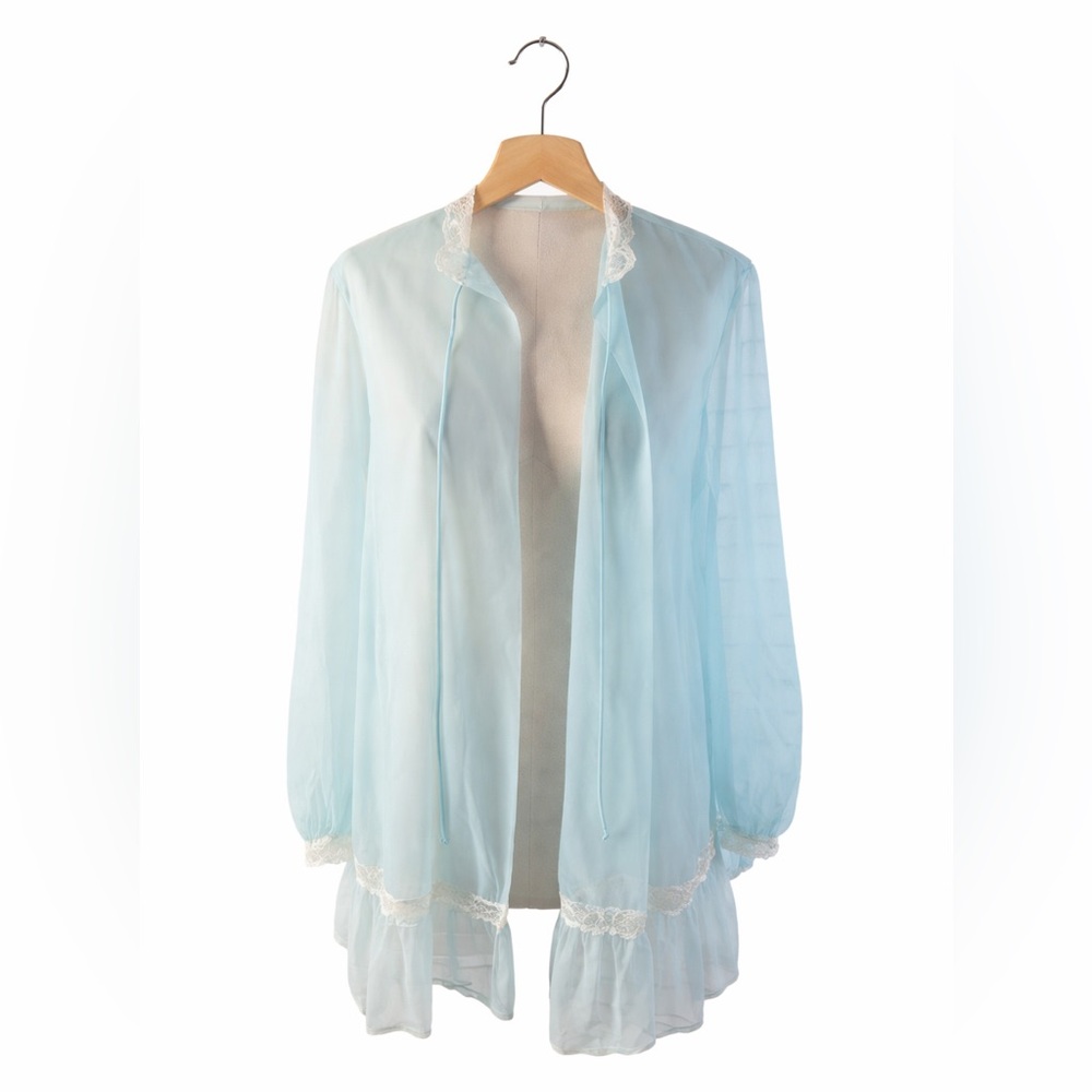 Vanity Fair Vintage Blue Sheer Lace Bed Jacket Robe Size 36 Boudoir Peignoir